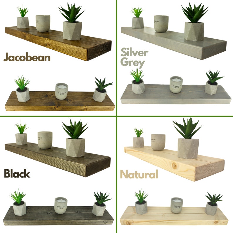 May include: Four wooden shelves in different colors: Jacobean, Silver Grey, Black, and Natural. Each shelf has three items on it: two small potted plants and a candle. The shelves are all the same size and shape.