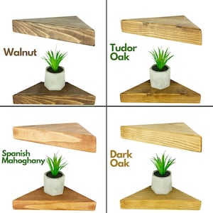 May include: Four triangular wooden shelves in different wood stains: Walnut, Tudor Oak, Spanish Mahogany, and Dark Oak. Each shelf is shown with a small potted plant.