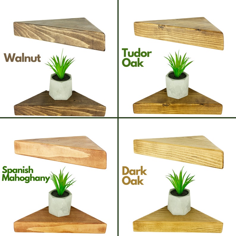 May include: Four triangular wooden shelves in different wood stains: Walnut, Tudor Oak, Spanish Mahogany, and Dark Oak. Each shelf is shown with a small potted plant.