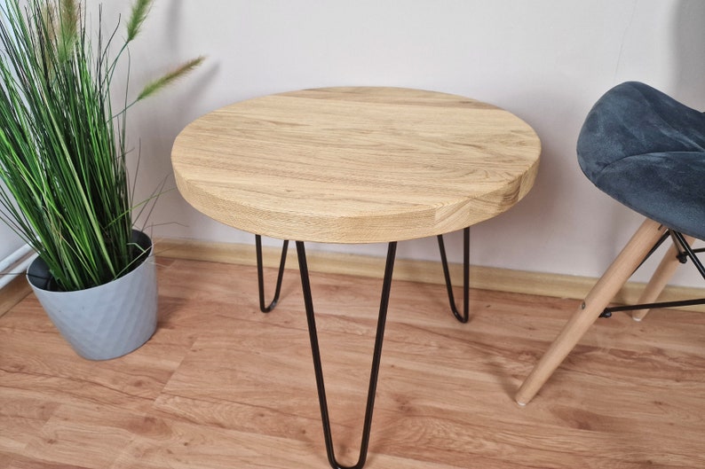 Modern Round Oak Coffee Table: Reclaimed Solid Oak Wood with Rustic Finish & Handcrafted Hairpin Legs image 9