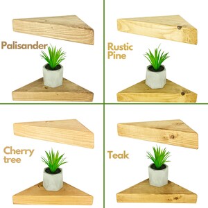 May include: Four triangular wooden shelves in different wood finishes: Palisander, Rustic Pine, Cherry tree, and Teak. Each shelf is shown with a small potted plant on top.
