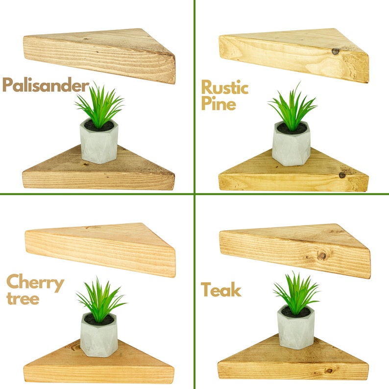May include: Four triangular wooden shelves in different wood finishes: Palisander, Rustic Pine, Cherry tree, and Teak. Each shelf is shown with a small potted plant on top.