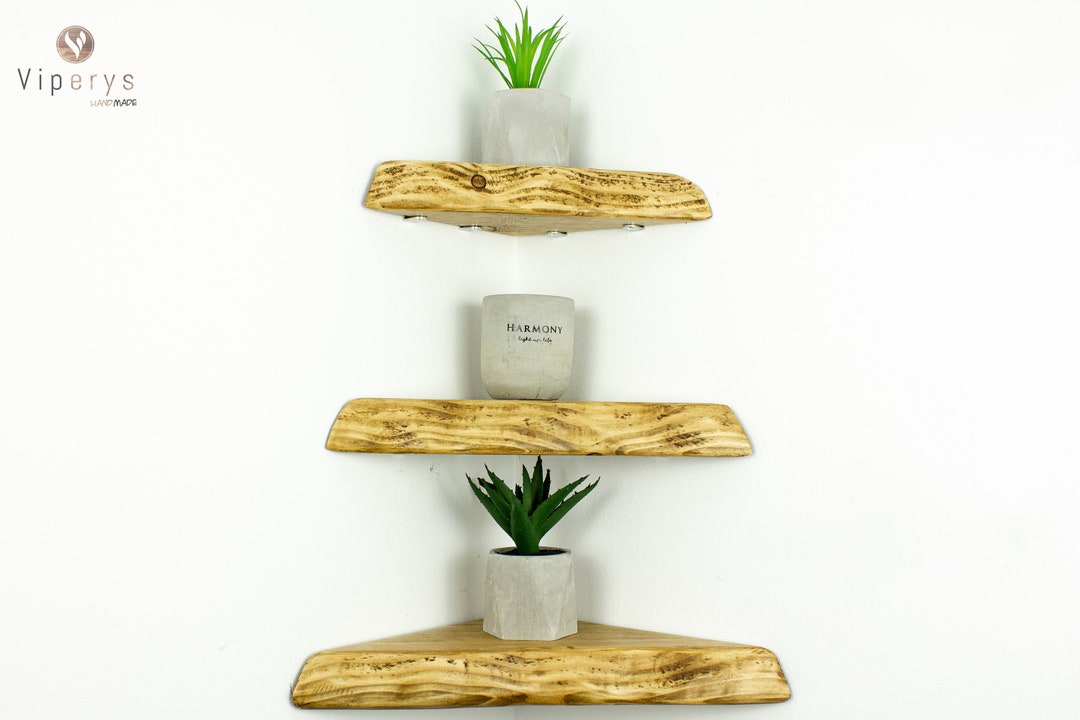Handmade Waney Edge Corner Floating Shelf – Solid Wood | Rustic ...