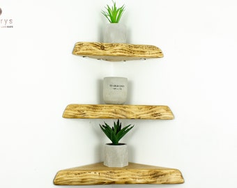Handmade Waney Edge Corner Floating Shelf – Solid Wood | Rustic Triangle Wall Shelf | Natural Pine | Custom Sizes