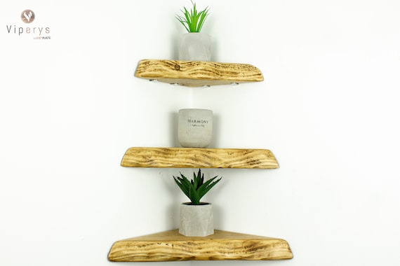 Handmade Waney Edge Corner Floating Shelf – Solid Wood | Rustic Triangle Wall Shelf | Natural Pine | Custom Sizes