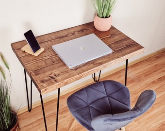 Rustic Desk: Solid Wood Home Office Furniture, Kitchen and Dining Table, Reclaimed Wood, Hairpin Legs & Multi-Board Design