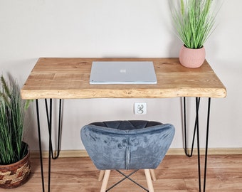 Live Edge Rustic Desk: Solid Wood Home Office Furniture, Kitchen and Dining Table, Reclaimed Wood, Hairpin Legs & Multi-Board Design