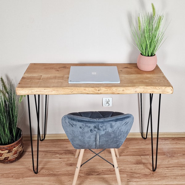 Live Edge Rustic Desk: Solid Wood Home Office Furniture, Kitchen and Dining Table, Reclaimed Wood, Hairpin Legs & Multi-Board Design