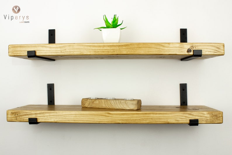 Rustic wooden shelf with brackets 22cm x 4.5cm Wooden Shelves with black Inverted Metal Brackets Solid Chunky rustic Bookshelf image 8