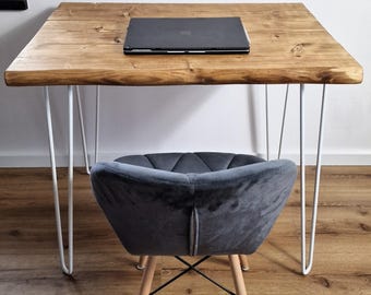 White Hairpin Legs Live Edge rustic Desk : Solid Wood Home Office Furniture, Kitchen and Dining Table, Reclaimed Multi-Board Design