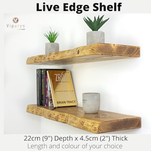 Live Edge Floating Wood Shelf (22cm x 4.5cm) with Hidden Brackets - A Natural Accent for Your Bathroom or an Elegant Wall Mounted Bookshelf
