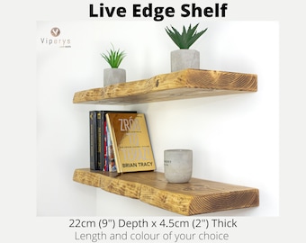 Live Edge zwevende houten plank (22 cm x 4,5 cm) met verborgen beugels - een natuurlijk accent voor uw badkamer of een elegante wandgemonteerde boekenplank