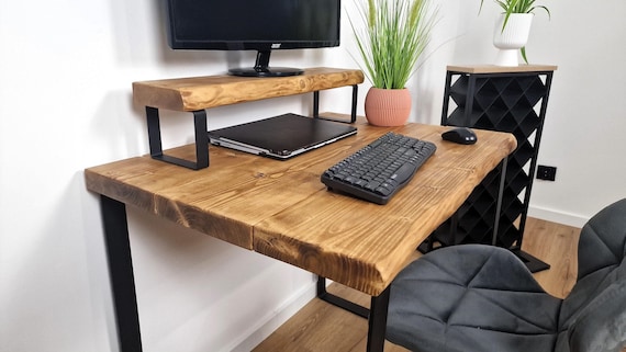 Rustic Live Edge Wooden Monitor Stand with Loft-Style Metal Legs 17 cm deep | Ergonomic Reclaimed Wood Desk Riser for Home Office or Gaming