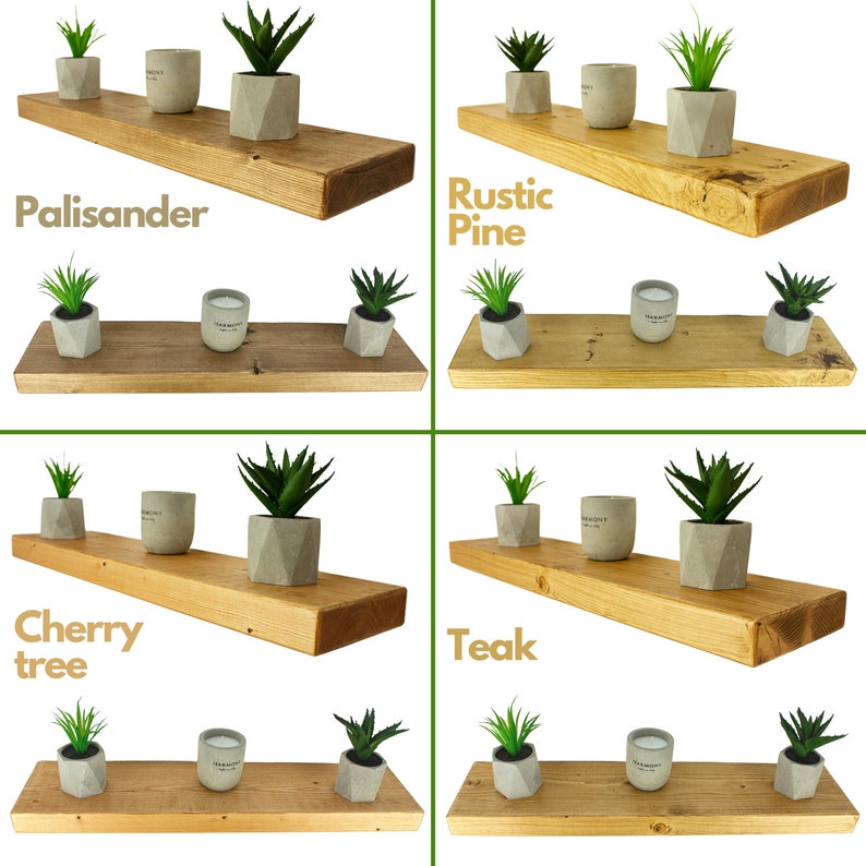 May include: Four wooden shelves with different wood finishes: Palisander, Rustic Pine, Cherry tree, and Teak. Each shelf is decorated with small potted plants and candles.