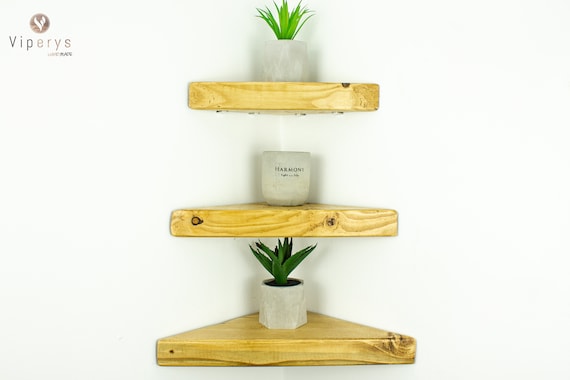 Rustic Corner Floating Shelf Solid Wood | 2" Thick Chunky Triangle Shelf | Metal Angle Brackets | Custom Sizes | Wooden shelving