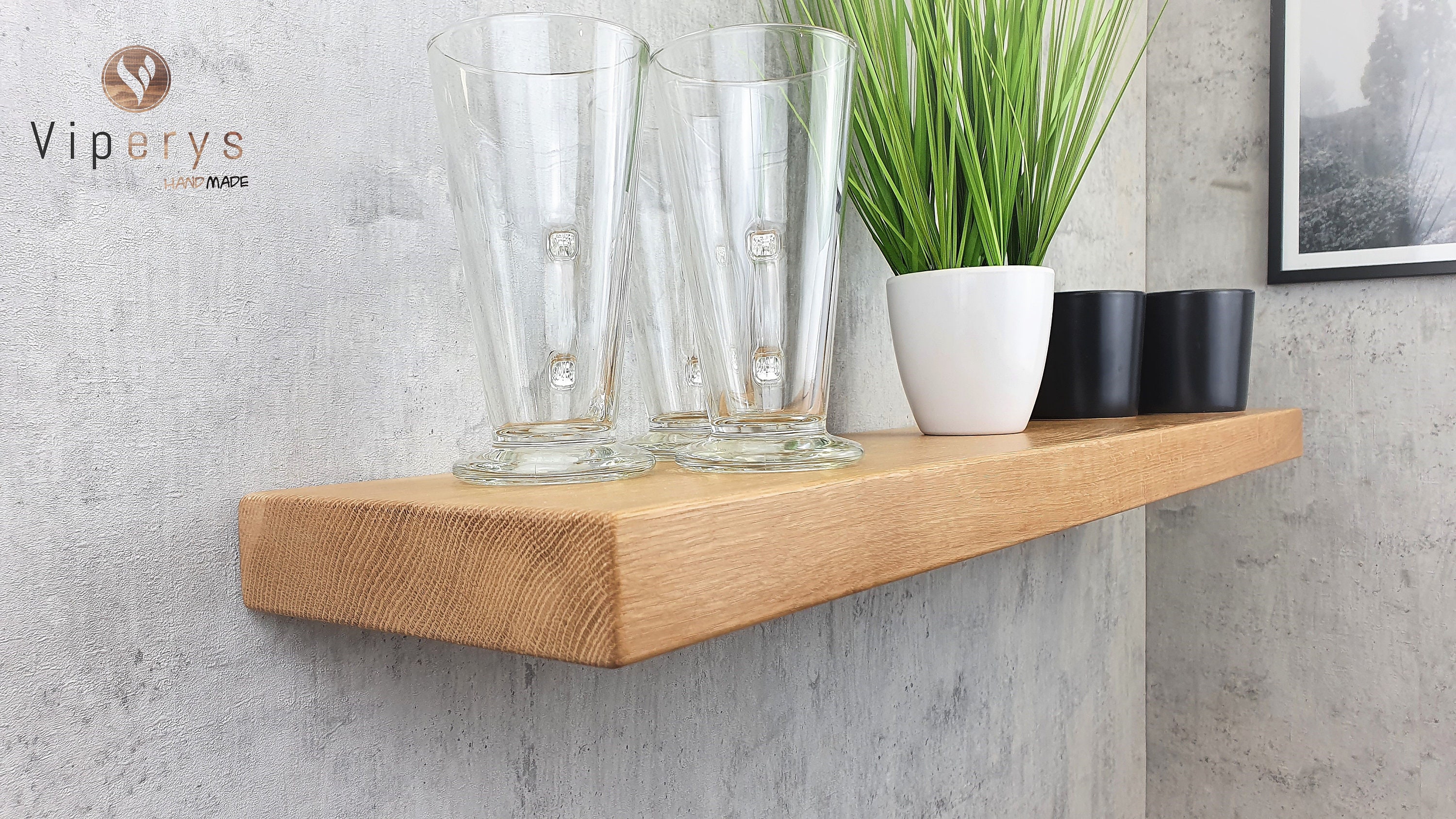 Natural Oak Floating Shelf: Solid Wooden Shelving for Kitchen or Bathroom with hidden brackets included