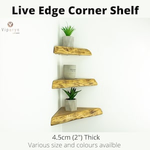 Corner live edge Floating Shelves with Metal Brackets: Rustic Solid Wood Bookshelves for Enhanced Storage & Decor