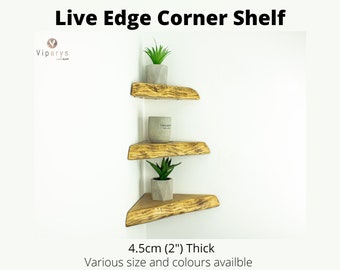 Corner live edge Floating Shelves with Metal Brackets: Rustic Solid Wood Bookshelves for Enhanced Storage & Decor