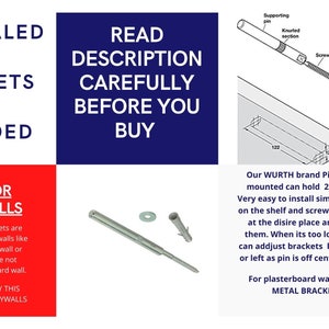 May include: Diagram showing how to install concealed brackets for shelves. The brackets are suitable for solid walls, such as brick, concrete, or wood stud. The text reads "Read description carefully before you buy. Only for solid walls. Our concealed brackets are suitable only on solid walls like brick walls, concrete wall or wood stud. They are not suitable for plasterboard wall. Please do not buy this shelf if you have drywalls."