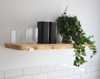 Farmhouse live edge wooden shelf with brackets 22cm x 4.5cm Wooden Shelves with White Inverted Metal Brackets Solid Chunky rustic Bookshelf