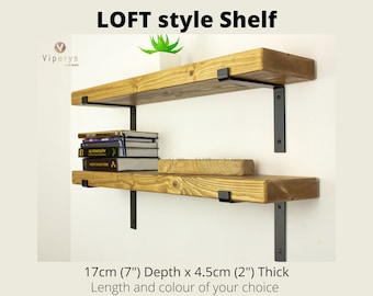 Industrial Rustic Wood Shelf 17cm x 4.5cm: Handcrafted Solid Pine Bookshelf with Loft Inspired Black downward Metal Brackets