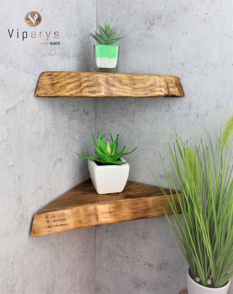 Live edge Corner shelves Rustic wall shelf with brackets wooden floating shelves for bathroom image 2