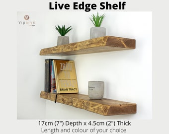 Live Edge Floating Wood Shelf (17cm x 4.5cm) with Hidden Brackets - A Natural Accent for Your Kitchen or an Elegant Wall Mounted Bookshelf