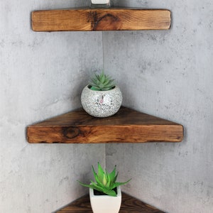 Peut inclure: Trois &eacute;tag&egrave;res d'angle en bois avec une finition brune rustique. Chaque &eacute;tag&egrave;re est d&eacute;cor&eacute;e d'une petite plante succulente en pot. L'&eacute;tag&egrave;re du haut a une succulente verte, l'&eacute;tag&egrave;re du milieu a une succulente argent&eacute;e et l'&eacute;tag&egrave;re du bas a une succulente blanche.