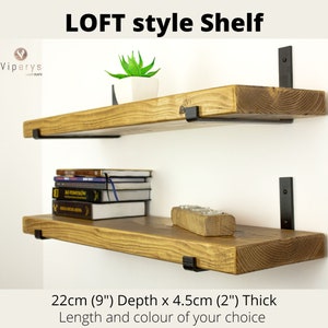 Industrial Rustic Wood Shelf 22cm x 4.5cm: Handcrafted Solid Pine Bookshelf with Loft Inspired Black Inverted Metal Brackets image 1