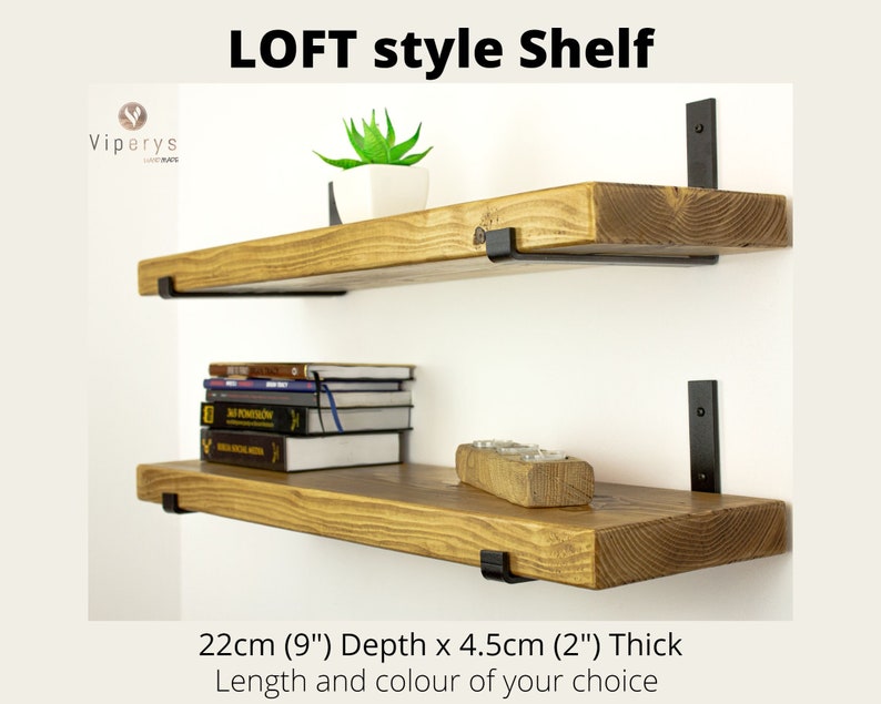 Industrial Rustic Wood Shelf 22cm x 4.5cm: Handcrafted Solid Pine Bookshelf with Loft Inspired Black Inverted Metal Brackets image 1