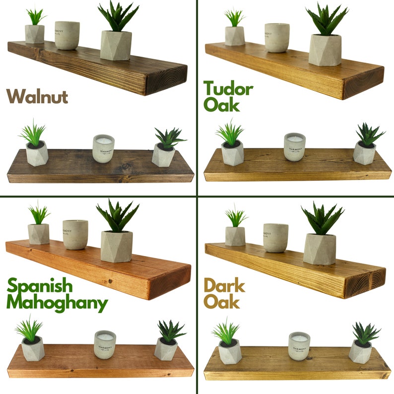 May include: Four wooden shelves in different wood stains: Walnut, Tudor Oak, Spanish Mahogany, and Dark Oak. Each shelf is decorated with three small potted succulents and a candle.