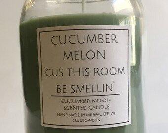 16oz Pepino Melón Cus Esta habitación olfir vela de tarro de albañil. Vela perfumada de melón de pepino. Etiquetas inteligentes divertidas. Frutas/Cocina Perfumada
