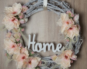 Wieniec drewniany 50 cm, kwiaty, magnolie, shabby chic, wiosna/lato, różowy, rękodzieło