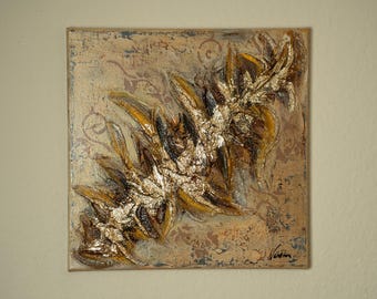 Abstract acrylschilderij met metaalfolie | UNIEK origineel schilderij in goud, beige en bruin 30 x 30 cm