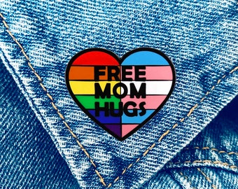 Free Mom Hugs Pin, LGBT LGBTQ Pride Pin, Rainbow Heart Gay Trans Pride Pin, Proud Parent, Ally Pin, Stocking Stuffers, Gifts for Her Mom