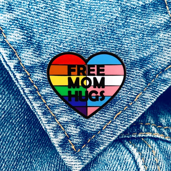 Free Mom Hugs Pin, LGBT LGBTQ Pride Pin, Rainbow Heart Gay Trans Pride Pin, Proud Parent, Ally Pin, Stocking Stuffers, Gifts for Her Mom