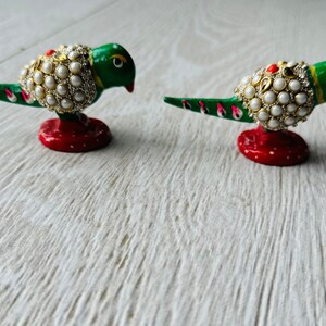 Set of 2 Decorative Jeweled parrots, handpainted, made by Indian artisans.