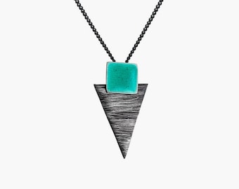 Silver 925 and Oxidized with Enamel Pendant, Gold Plated and Colorful Pendant, Square and Triangle Combination— Trois Sunday Pendant