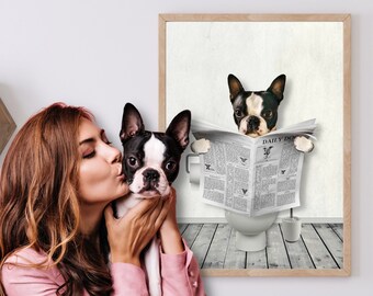 Custom Pet Portraits in Toilet Funny Dog or Cat Portrait Pet in Bathtub Dog reading newspaper fun pet gift  Bathroom Mother's day gift 2023