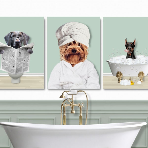 Set of 3 Custom Pet Portraits  Funny Dog or Cat Portrait Pet in Bathtub Dog in Toilet Personalized pet gift  Bathroom Mother's day gift 2023