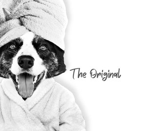 Custom Pet Portraits in Robe Funny Dog or Cat Black & White in Bathtub Dog in Toilet Personalized pet gift Kids Bathroom Mom's day gift 2023