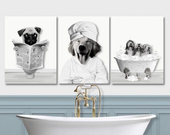 Custom Pet Portraits Set of 3 Funny Dog or Cat Black & White in Bathtub Dog in Toilet Personalized pet gift Kids Mother's day gift 2023 mom