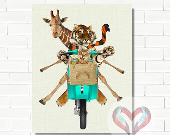 Sweet Animals Traveling on a Motorcycle Art Print. Printable Poster, Instant Digital Download, Nursery , Modern Minimalist,