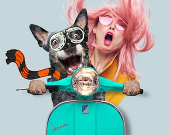 Retrato de mascota personalizado Foto de motocicleta divertido Perro personalizado Mascota en moto Imprimir Animal en vespa Arte Regalos personalizados Regalo Día de la Madre 2023