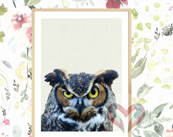 Owl Art Print Printable Poster Instant Digital Download Watercolor Nursery Modern Minimalist