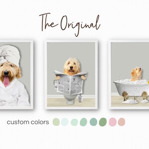 Set of three custom pet portraits in the bathroom. You can choose background color. Cats or dogs are able. Funny custom pets in the bathroom. Doodle dog with a robe. Doodle dog reading newspaper in the toilet. Doodle dog in the bathtub.