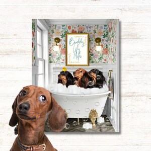 Funny custom pet portrait in the toilet reading newspaper. Mother´s day gift 2023. Original flowers background.