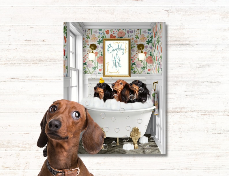 Funny custom pet portrait in the toilet reading newspaper. Mother´s day gift 2023. Original flowers background.