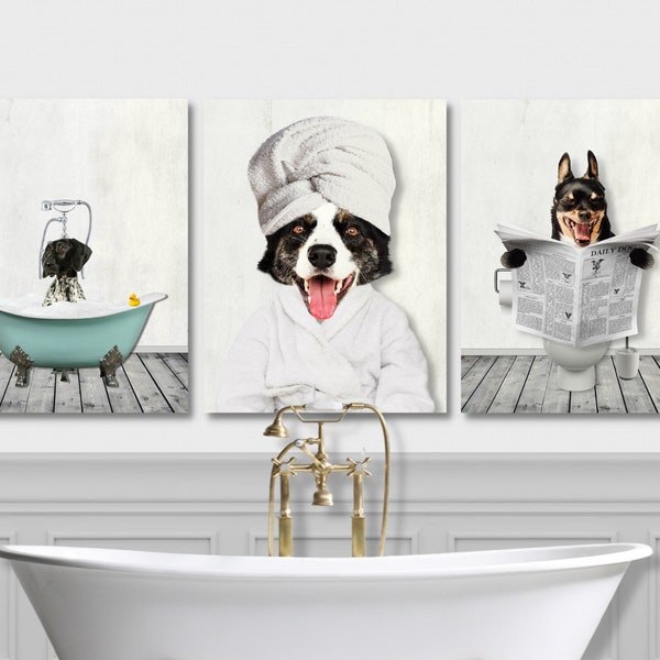 Custom Pet Portraits Set of 3 Funny Dog or Cat Portrait Pet in Bathtub Dog in Toilet Personalized pet gift  Mother's day gift 2024  bathroom