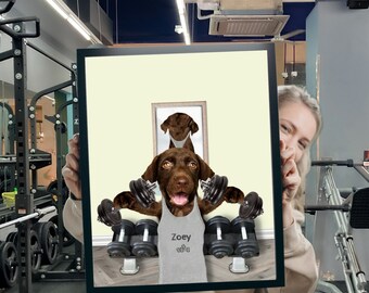 Custom Pet Portraits in the Gym Funny Dog or Cat Portrait Pet in Crossfit Dog in Gym Personalized pet gift dumbbles Art love doing sport